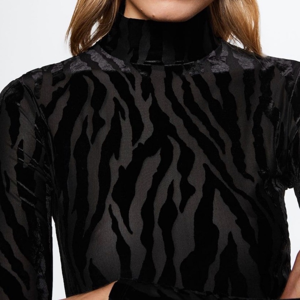 Mango Black Semi Sheer Zebra Print Turtleneck Top